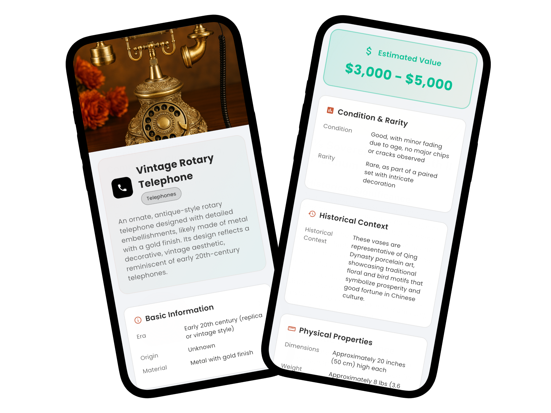 Antique identification app interface showing vintage item identification features