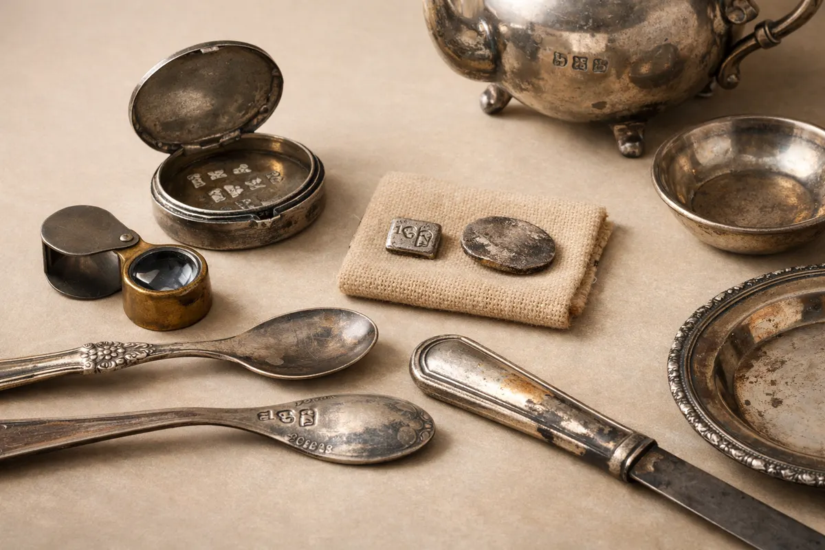 Editorial checklist image for antique silver marks showing visible clues and comparison notes.