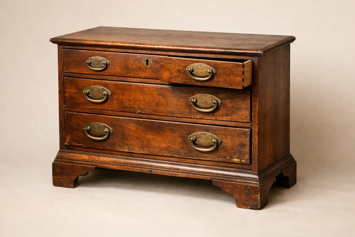 Antique furniture photo checklist with callouts for joinery, hardware, wood grain, finish wear, and maker marks