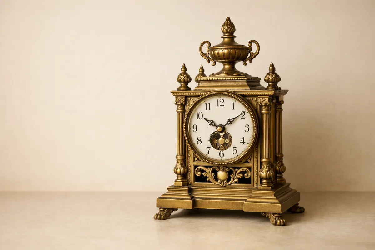 Ornate brass-toned mantel clock with a white dial on a neutral background.