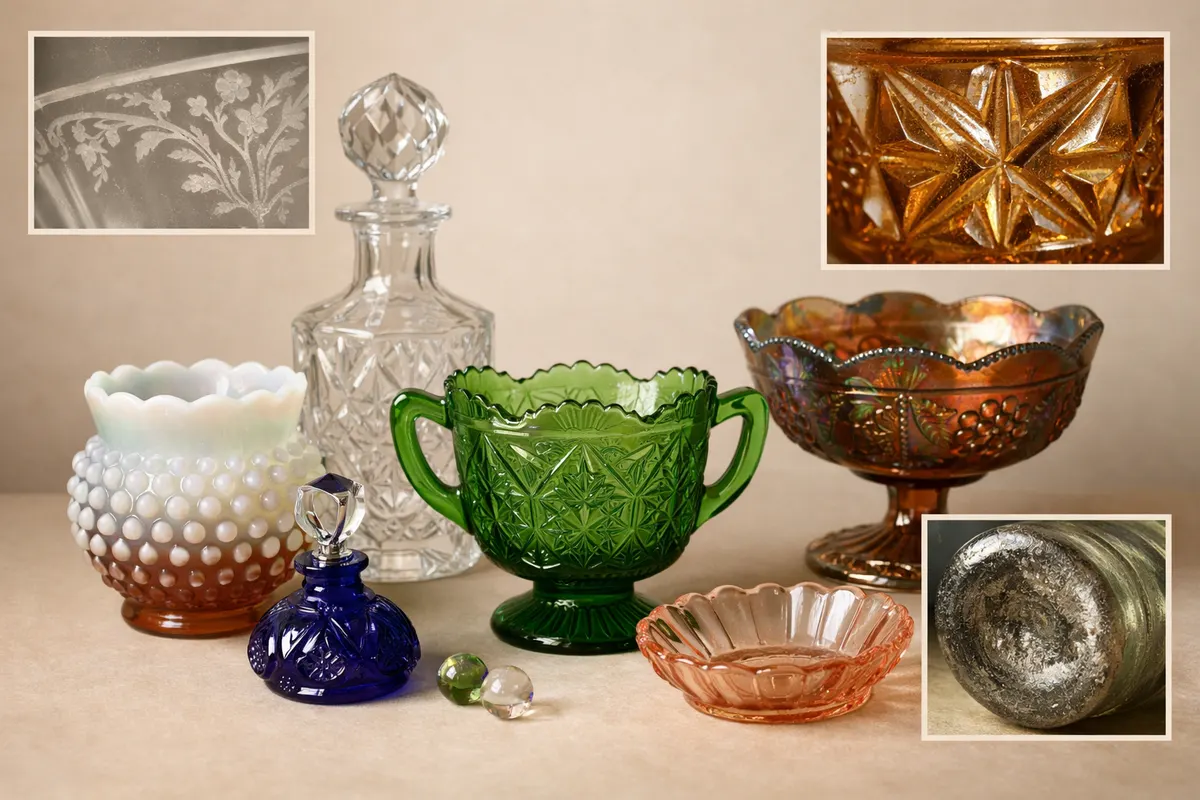 Editorial visual checklist for antique glassware identification with grouped clues and example details.