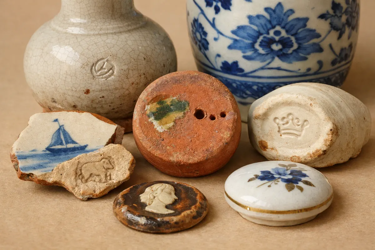 Editorial visual checklist for pottery marks identification with grouped clues and example details.