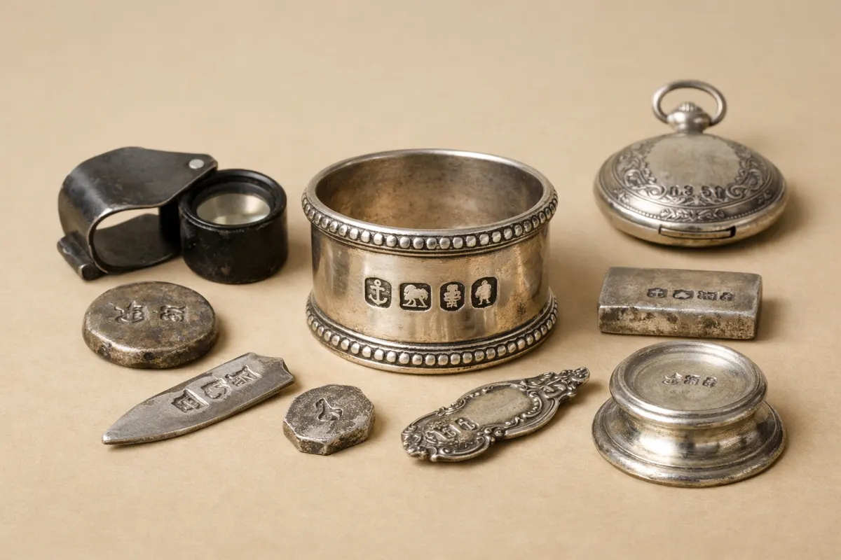 Editorial visual checklist for silver hallmarks identification with grouped clues and example details.